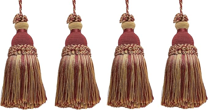 DÉCOPRO Beautiful Hand-Crafted 5" (12.5cm) Key Tassel, 3 1/2" (8.5cm) Loop # IKTJ, Burgundy Gold #1253 (Carmine Red, Yellow Gold, Dark Red) Set of 4