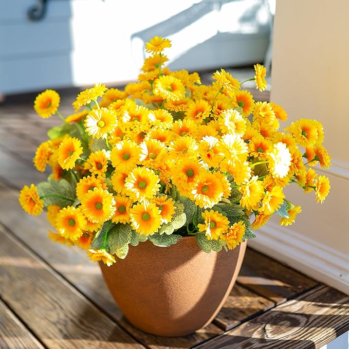 HyeFlora Dahlia Spring Artificial Flowers for Outdoors Fake Plants, 6 Bundles Outside Silk Daisy Realistic UV Resistant Faux Flowers for Outdoor Planters Porch Patio Yard Garden Home Decor, Yellow