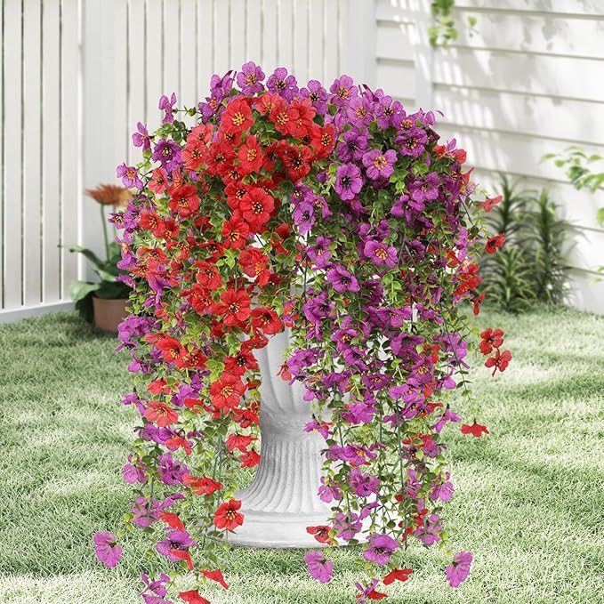 Artificial Hanging Flowers for Outdoors, 6 Pcs Fake Plant for Spring Summer Decoration, UV Resistant Realistic Silk Faux Flowers Outside Indoor Planter Porch Patio Balcony Yard Decor