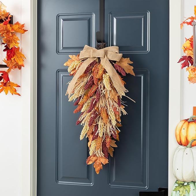 Glitzhome 2 Pcs 28'' Artificial Fall Teardrop Swags, Autumn Harvest Multi-Colored Sorghum Door Swag, Hanging Flower Wreath for Thanksgiving Fall Front Door Window Wall Decor