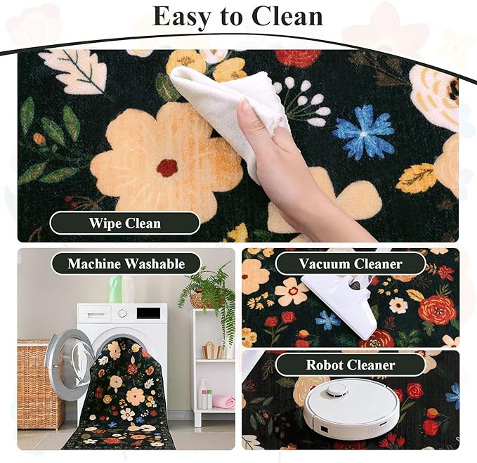 U'Artlines 2'6" x 8' Boho Runner Rug for Hallways Kitchen Colorful Floral Soft Non Slip Washable Floor Carpet Runners for Entryway Laundry Room Bathroom Black Green