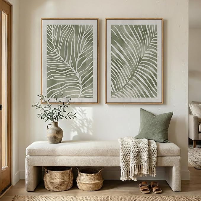 Framed Green Abstract Botanical Wall Art, 2 Piece Tropical Plant Canvas Painting Prints Artwork for Walls, Minimalist Boho Neutral Palm Leaf Pictures for Living Room Bedroom Kitchen Wall Decor, 24x36