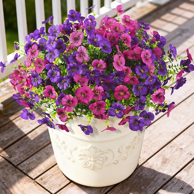 Artificial Fake Pansy Flowers for Outdoor, 12 Pcs Faux Silk Pansies Flower for Spring Summer Decoration, UV Resistant Fake Plants for Outside Planter Porch Yard Patio Home Decor(Purple Rose Red)