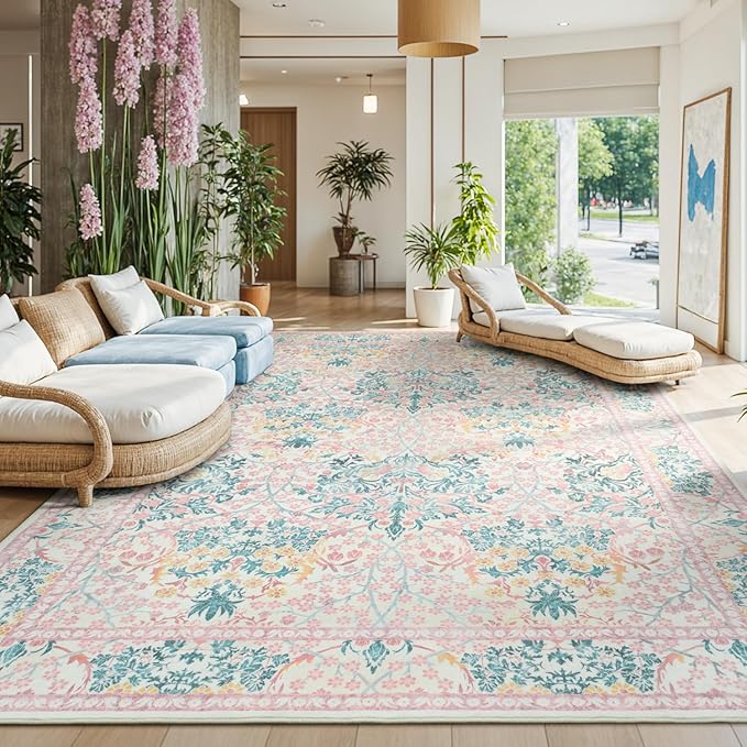 Lessymo 9x12 Washable Rug for Living Room, Soft Pink Area Rugs for Bedroom Dining Room Nursery, Boho Non Slip Forest Design Large Carpet Distressed Retro Indoor, Pink Green