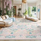 Lessymo 9x12 Washable Rug for Living Room, Soft Pink Area Rugs for Bedroom Dining Room Nursery, Boho Non Slip Forest Design Large Carpet Distressed Retro Indoor, Pink Green