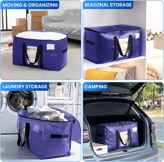 TAILI 4 Pack Dark Blue Extra Large Moving Bags, Heavy Duty Totes with Visible Window, Wrap Around Handles, Great for Storage
