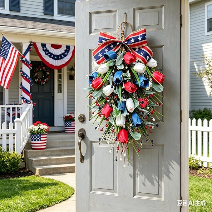 2 Pack 21'' Patriotic Swag Wreaths for Cabinets Artificial 4th of July Teardrop Wreath with Red White Blue Tulips Floral and Berries for Independence Day Memorial Day Front Door Porch Window Wall