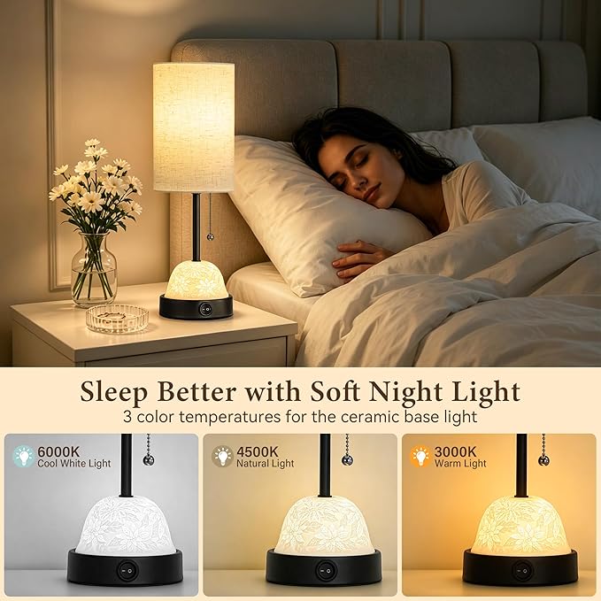 SIBRILLE Table Lamp for Bedroom, Dual Light Nightstand Lamp with Fabric Shade & Ceramic Carved Night Light Base, Individual Controls Bedside Lamp for Living Room, 8W LED Bulb Included