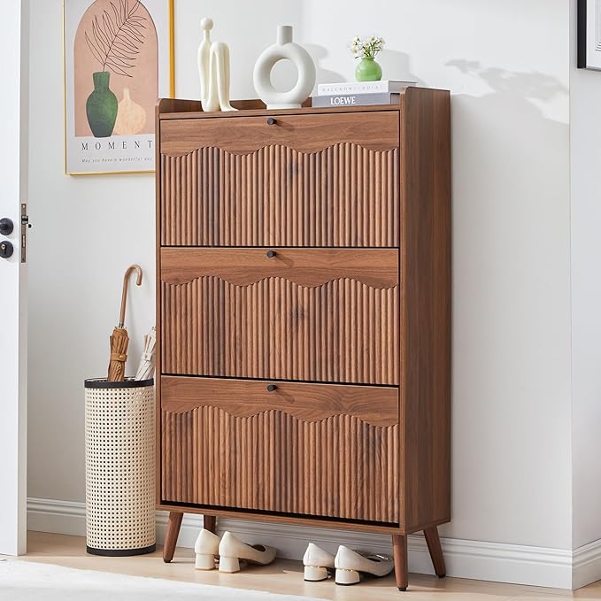 BERRYMERRY Shoe Storage Cabinet for Entryway with 3 Flip Drawers, 51.2” Tall Narrow Shoe Organizer with Wave Panel, Freestanding Wood Hidden Shoe Cabinet for Hallway