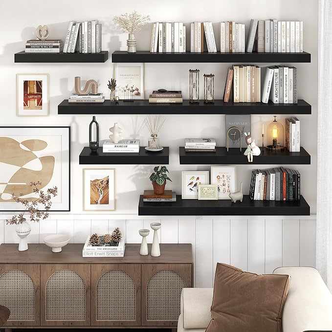Venusmiles Floating Shelves for Wall, 72 Inch Wide x 12 Inch Deep Floating Shelves, Long Wood Floating Wall Shelf Shelves for Living Room Bathroom Bedroom Kitchen Home - (Black, 72" W x 12" D x 2" H)