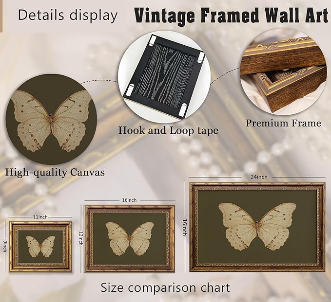 Vintage Gold Framed Wall Art Retro White Butterfly Canvas Print Dark Green Olive Insect Painting Picture Rustic Farmhouse Moth Cottagecore Poster Artwork for Living Room Bedroom