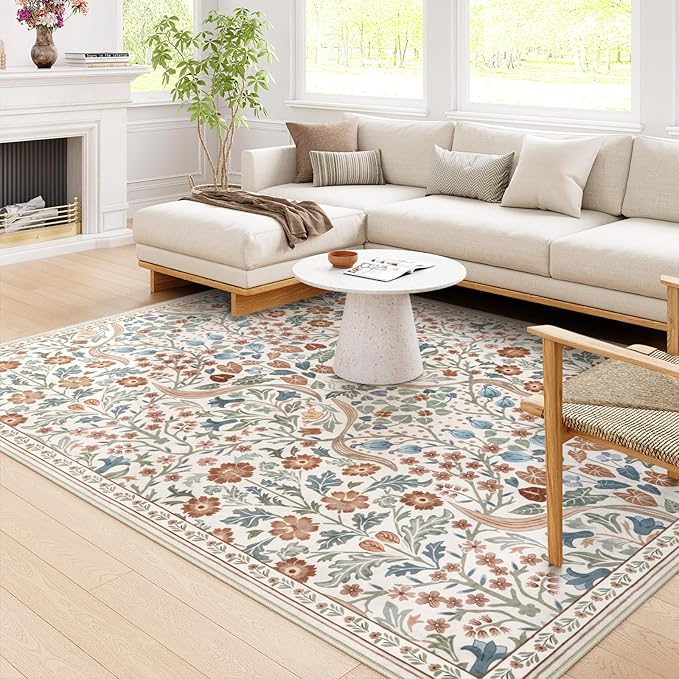 Moynesa Floral Washable Rugs, 8x10 Area Rug for Living Room, Soft Large Boho Bedroom Rugs, Flower Non Slip Ultra Thin Botanical Carpet for Dining Room Nursery Office, Beige