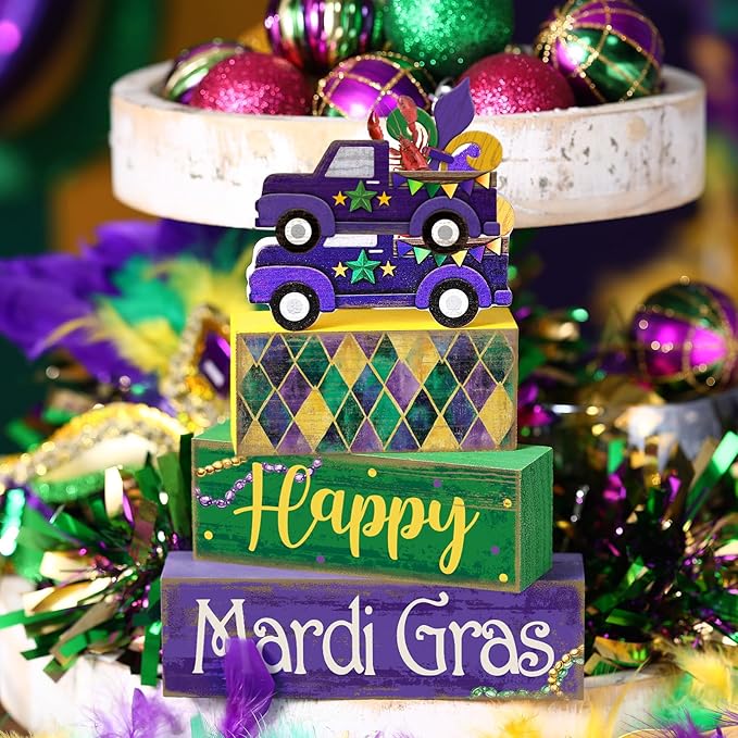 Lineshading 4 Pcs Mardi Gras Decorations Mardi Gras Table Centerpieces Wooden Truck Purple Golden Green Carnival Tiered Tray Decor Truck Block Signs for Masquerade Party Home Office Carnival Decor
