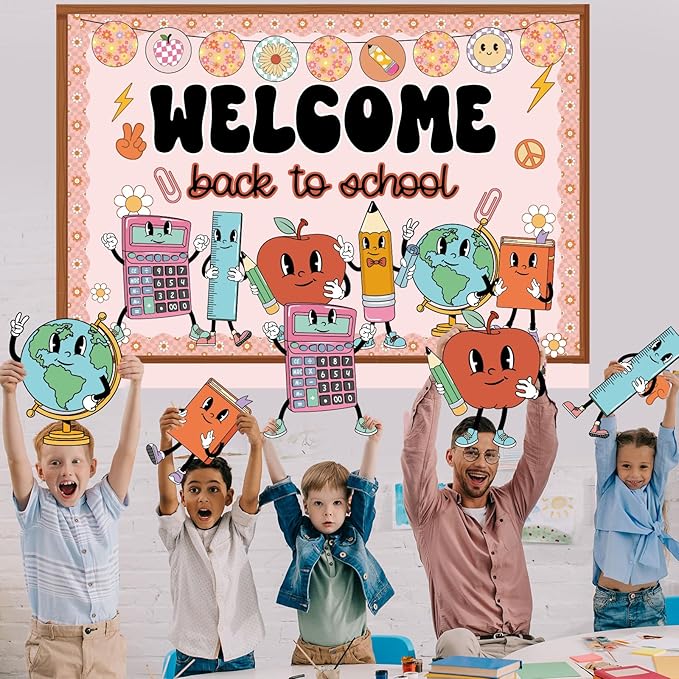 Pajean Welcome Back to School Bulletin Board Set Hippie Retro Classroom Decorations Cute Stationery Apple Cutouts with Groovy Daisy Borders for First Day of School Library Decor Office Supplies