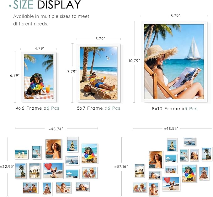 15 Pack Picture Frames Collage Wall Decor, White Frame Set with 3pcs 8x10, 6pcs 5x7, 6pcs 4x6 for Gallery Display, Wall Mounting & Tabletop, Bulk Photo Frames for Living Room Decor