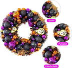 HipTree 13.8 Inch Halloween Ball Wreath for Front Door with Lights, Lighted Cute Treat-or-Trick Door Wreath Ball Ornament for Halloween Indoor Decorations Centerpiece Party Holiday Wall Home Decor