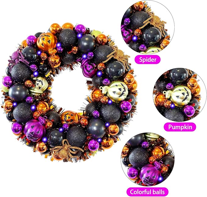 HipTree 13.8 Inch Halloween Ball Wreath for Front Door with Lights, Lighted Cute Treat-or-Trick Door Wreath Ball Ornament for Halloween Indoor Decorations Centerpiece Party Holiday Wall Home Decor