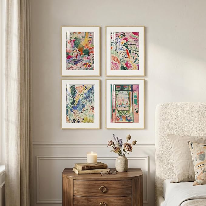 Framed Matisse Wall Art Set of 4, Colorful Abstract Landscape Wall Painting Prints, Vintage Retro Aesthetic Wall Decor for Bathroom Bedroom Hallway Office 11x14 Inch