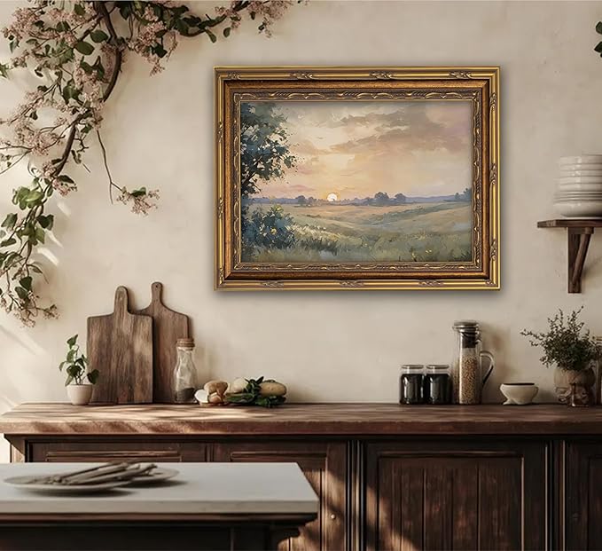 Vintage Gold Framed Wall Art Retro Fall Sunset Country Oil Painting Canvas Prints Watercolor Autumn Landscape Picture Rustic Farmhouse Soft Nature Poster Artwork for Living Room Bedroom, 9x11in