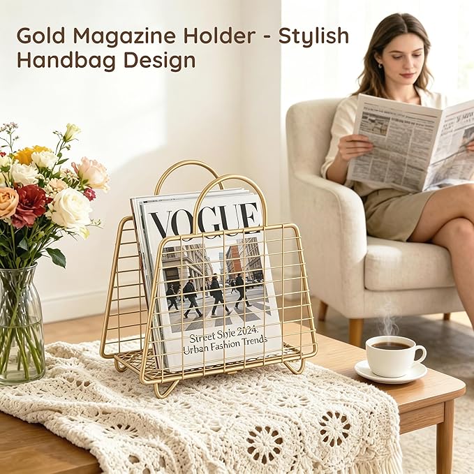 Gold Magazine Holder,Modern Magazine Rack Floor,Metal Wire Magazine Basket,Handbag Design Magazine Storage Organizer for Magazines File Book Newspaper Vinyl Record Albums