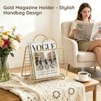 Gold Magazine Holder,Modern Magazine Rack Floor,Metal Wire Magazine Basket,Handbag Design Magazine Storage Organizer for Magazines File Book Newspaper Vinyl Record Albums