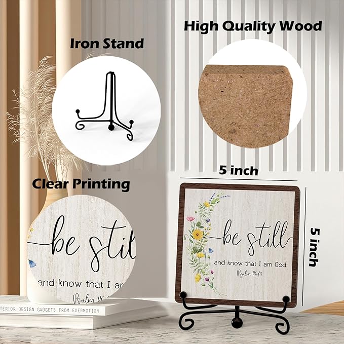 Inspirational Christian Desk Decor, Be Still And Know That I Am God Rutsic Sign, Desk Decorations For Office Home Living Room Bathroom, Eucalyptus Shelf Decor, Wooden Plaque With Stand (04)
