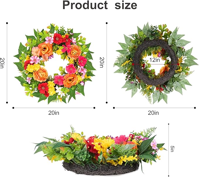 zjlmit 20 Inch Spring Wreath for Front Door, Artificial Silk Flower Wreath on Grapevine Base with Orange Rose-Style Blooms, Multicolor Floral Accents and Greenery, Indoor Wall Entryway Decor