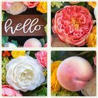 Spring Wreath for Front Door, 24 Inch Artificial Spring and Summer Wreath with Peony, Rose, Orchid, Hydrangea and Gardenia Flowers, Peach, Berries and Hello Wooden Sign, Decor for Indoor Outdoor