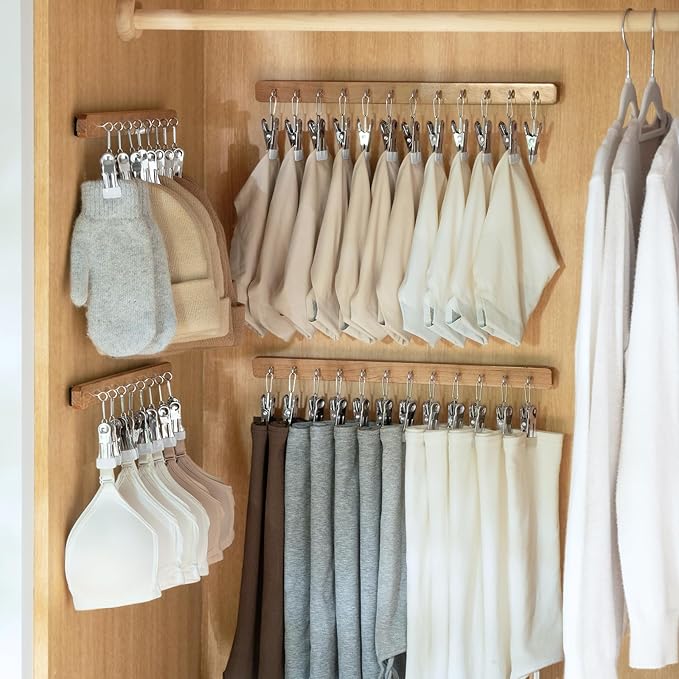 MORNITE Pull Out Hat Rack for Closet, Sliding Hooks Hanger Rack with Clips for Bras Caps Underwear Socks Scarves Gloves Handkerchiefs, Dual Side 8 Clips Rail, 2 Pcs