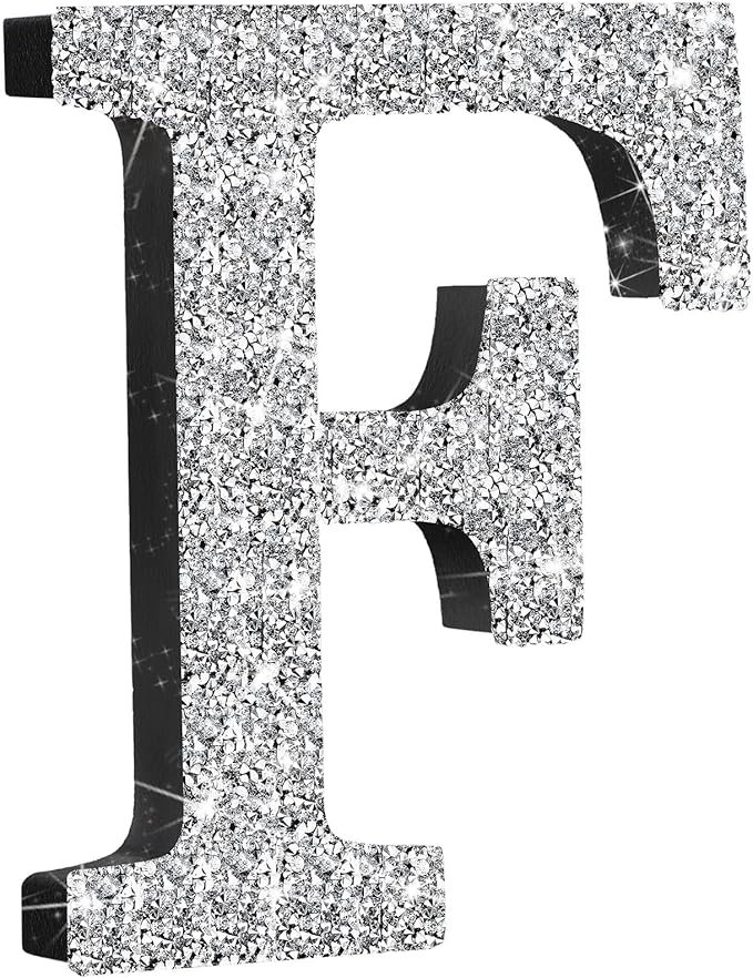 Qunclay 5.7" Silver Crystal Diamond Bling Letters Crushed Diamond Decoration Wooden Glitter Letter with Screw and Hooks Rhinestone Gift for Wedding Y2k Mcbling Bedroom Wall Decor (Letter F)
