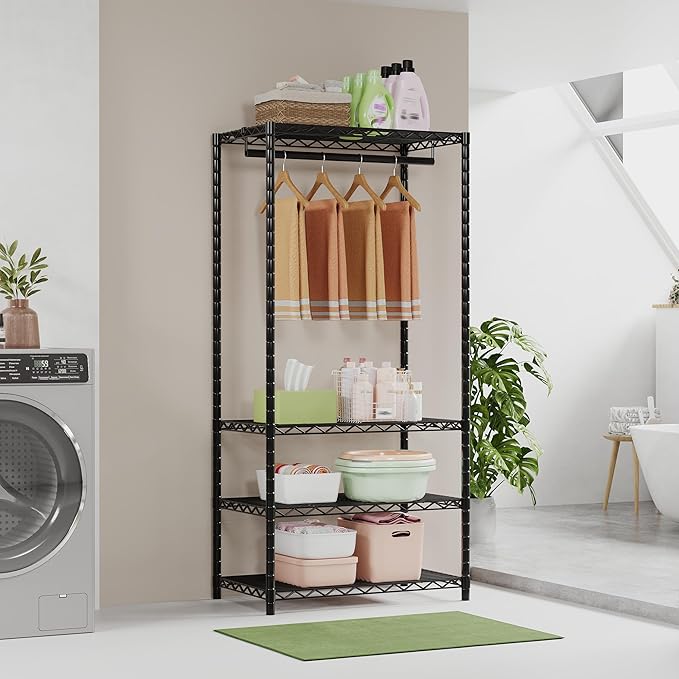 ecobedding Heavy Duty Garment Rack, 1000LBS Max Load Freestanding Closet Organizer with 6 Storage Shelves & 3 Adjustable Hanging Rods, Multifunctional, Glossy Black, 15.75" D x 70-88.5" W x 76.5" H