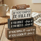 Moucuny 4 Pcs Rustic Wooden Table Decor Farmhouse Kitchen Rules Wood Sign Black Brown and White Centerpiece Rolling Pin Block Sign for Home Living Room Dining Room Shelf Table Decor