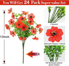 24 Bundles Artificial Flowers for Outdoors Decorations, Fake Flowers Artificial Plants Outdoor, Colorful Daisy Eucalyptus Realistic UV Resistant for Garden Patio Porch Home Decor, Red