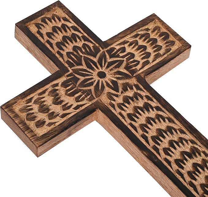 Samhita Mango Wood Wall Cross, Jesus Christ Floral Carving Family Cross Decor,Home Decoration (10" x 6" x 0.5")