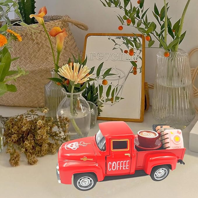Vintage Mini Metal Pickup Truck with The Coffee Decor and The 4 Books,for Home Farmhouse Kitchen Decor & Coffee Decorations (Coffee-Red)