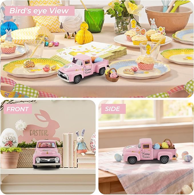 Spring Truck Decor, Pink Egg Bunny Truck Decorations for Home Indoor, Mini Basket Eggs Truck Tiered Tray Decor, Spring Rustic Farmhouse Kitchen Tabletop Decorations for Office