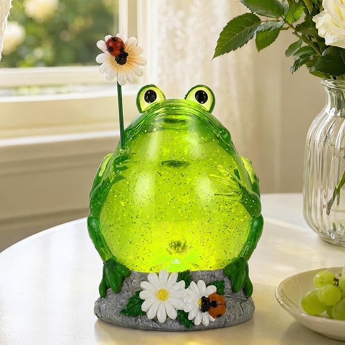 Spring Frog Snow Globe Decor with 6H Timer, Swirling Glitter Frog Snowglobe Spring Figurine Decorations, USB/Battery Operated, for Spring Holiday Home Decor and Gift (Frog Flower)