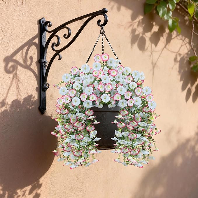 Artificial Hanging Flowers for Outdoors, 2 PCS UV Resistant Faux Silk 150 Morning Glory Each Trailing Vines, Fake Plants for Spring Outdoor Garden Planter Porch Patio Decoration, Blue & White