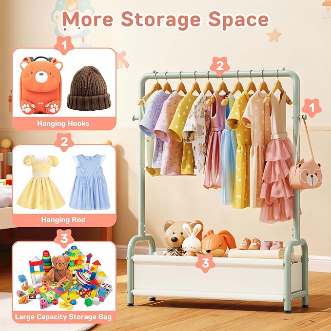 Kids Clothing Rack with Storage Shelf, Kids Dress Up Storage for Coats, Small Baby Garment Rack for Hanging Clothes, Toddler Wardrobe Closet Organizer (Classic, Green)