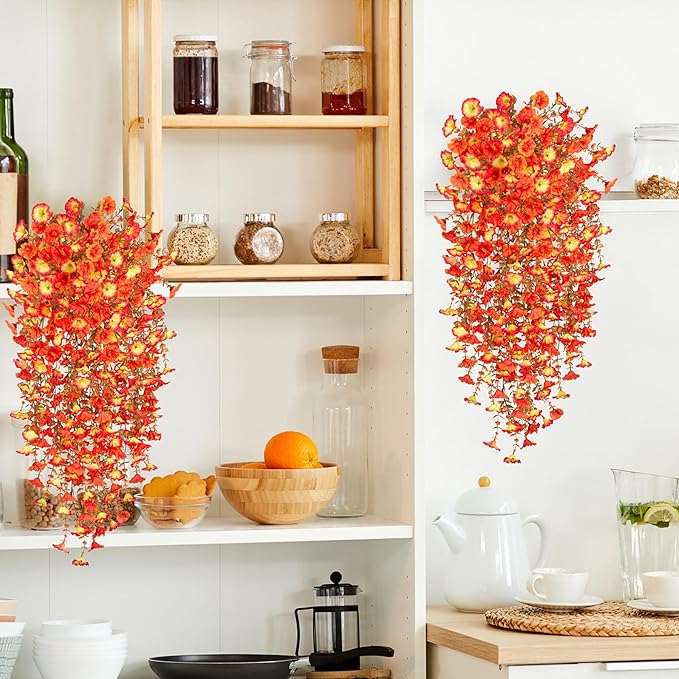 Artificial Fall Hanging Flowers for Decoration, 2pcs Long Vine Fake Flowers Plants Morning Glory, Realistic Faux Petunias for Planter Patio Porch Garden Autumn Outdoors Dec, Orange Sunset