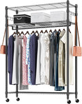 BATHWA Rolling Garment Rack with Adjustable Wire Shelf, 3 Tired Clothes Rack including 1 Clothes Hanging Bar, 1 Roating Hanger Hooks - Hold Up to 400Lbs (Black, 1Rod 1Hook)