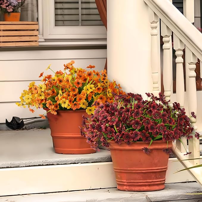 Artificial Fake Plants Flowers for Outdoor Outside Fall Decoration,24 Bundles Faux Silk Daisy in Planter UV Resistant Look Real for Home Front Door Porch Patio Garden Balcony Autumn Decor(Brown)