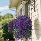Artificial Faux Hanging Flowers Basket for Spring Summer Outdoor Porch Decor, Fake Silk Colorful Morning Glory Eucalyptus in Planter UV Resistant Look Real for Home Balcony Yard(Dark Purple)