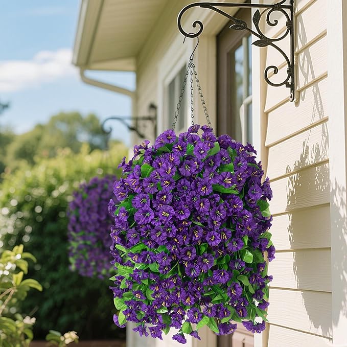 Artificial Faux Hanging Flowers Basket for Spring Summer Outdoor Porch Decor, Fake Silk Colorful Morning Glory Eucalyptus in Planter UV Resistant Look Real for Home Balcony Yard(Dark Purple)