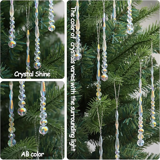 12pcs Crystal Icicle Christmas Tree Ornaments, Glass Beads Hanging Chandelier Pendants for Christmas Party Wedding Winter Decorations (Crystal AB)