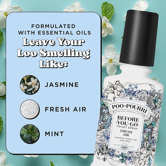 Poo-Pourri Before-You-Go Toilet Spray,Fresh Air,4 Fl Oz,Up to 200 Uses,Bathroom Odor Deodorizer,Plant-Based with Essential Oils,for Home or Work,Jasmine,Fresh Air and Mint Scent,(Pack of 2)