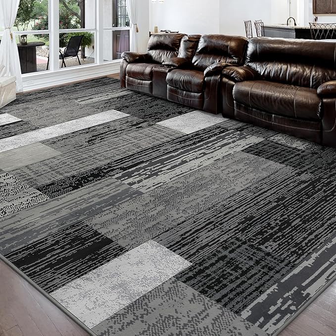 FlyDOIT Modern Geometric Patchwork Area Rug, 6x9 Grey Large Rugs for Living Room, Rockwood Collection Indoor Rugs for Bedroom, Throw Carpet Floor Decor for Entryway Dining Room Office Nursery