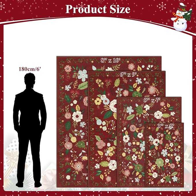 U'Artlines 5x7ft Red Christmas Area Rug, Colorful Floral Boho Rug Machine Washable Ultra Soft Low Pile Non Slip Non Shedding Accent Floor Carpet for Living Room, Bedroom, Dining Room,Farmhouse,Office