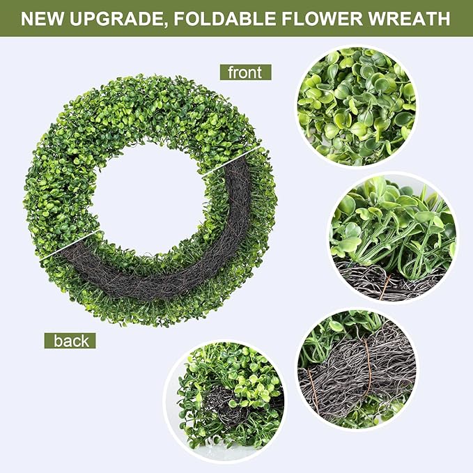 Spring Wreath, 20 inch Boxwood Wreaths for Front Door, Summer Wreaths with UV Protection, Green Artificial Wreath for Farmhouse, Room Indoors, Outdoors, Corridors, Offices, for All Seasons