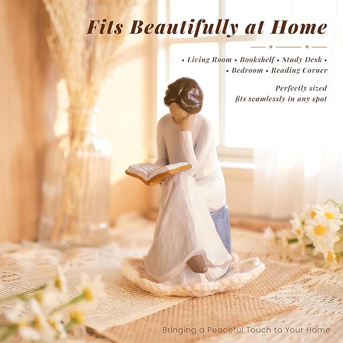 Reading Figurine for Book Lovers Resin Bookshelf Decor Gift for Women,Seated Reading
